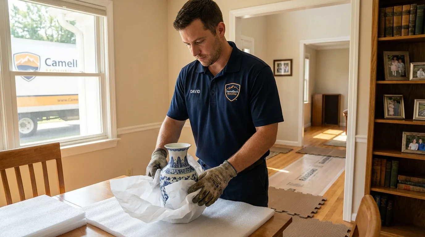 Professional crew carefully wrapping antique vase for senior downsizing move in Punta Gorda, FL